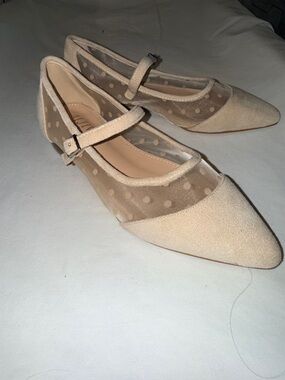 Women’s Beige Pointed Mary Jane Flats with Polka Dot Mesh